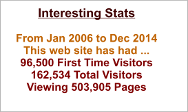 Interesting Stats  From Jan 2006 to Dec 2014 This web site has had ... 96,500 First Time Visitors  162,534 Total Visitors    Viewing 503,905 Pages